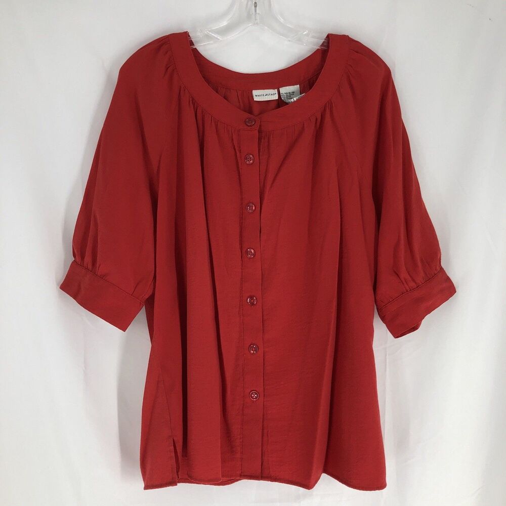 White Stag Women's Button Blouse Size XL Plus Red Short Sleeve Scoop Neck Top